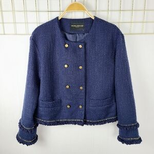 Amanda Uprichard Moriah Navy Blue Fringe Gold Button Double Breasted Blazer